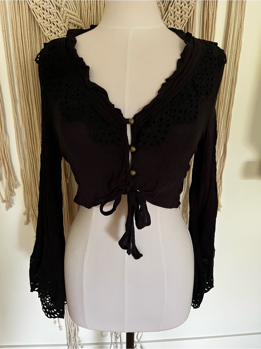 Cleobella Black Eyelet-Trim Tie-Front Blouse